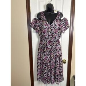 Michael Kors Floral Print Cold Shoulder Dress V-Neck Summer Black M‎